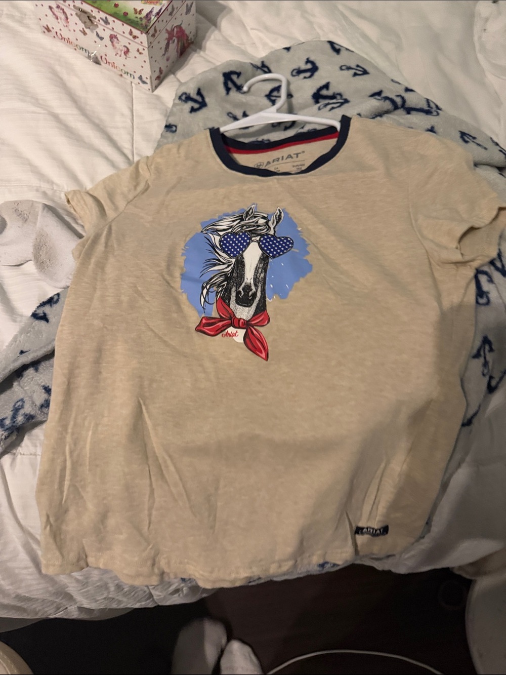 Ariat Beige Kids Short-Sleeve Tee with Blue & Red Horse Graphic